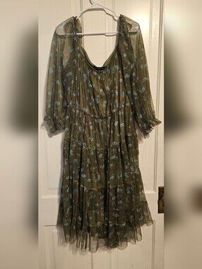 Olive Green Floral Midi Dress with Blue Print